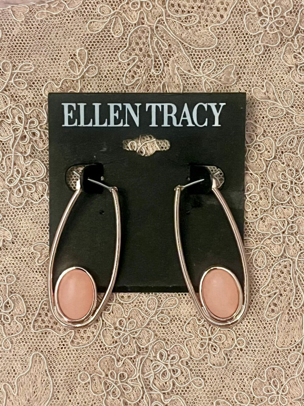 Ellen Tracy Gold Hoop Earrings with Pink Cabochon